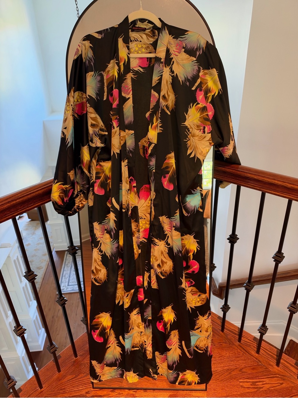 Women's Black Feather-Print Kimono Abaya Long
